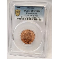 GREAT BRITAIN UK 2000 . TWO 2 PENCE COIN . MINT ERROR . STRUCK ON 1P PLAN